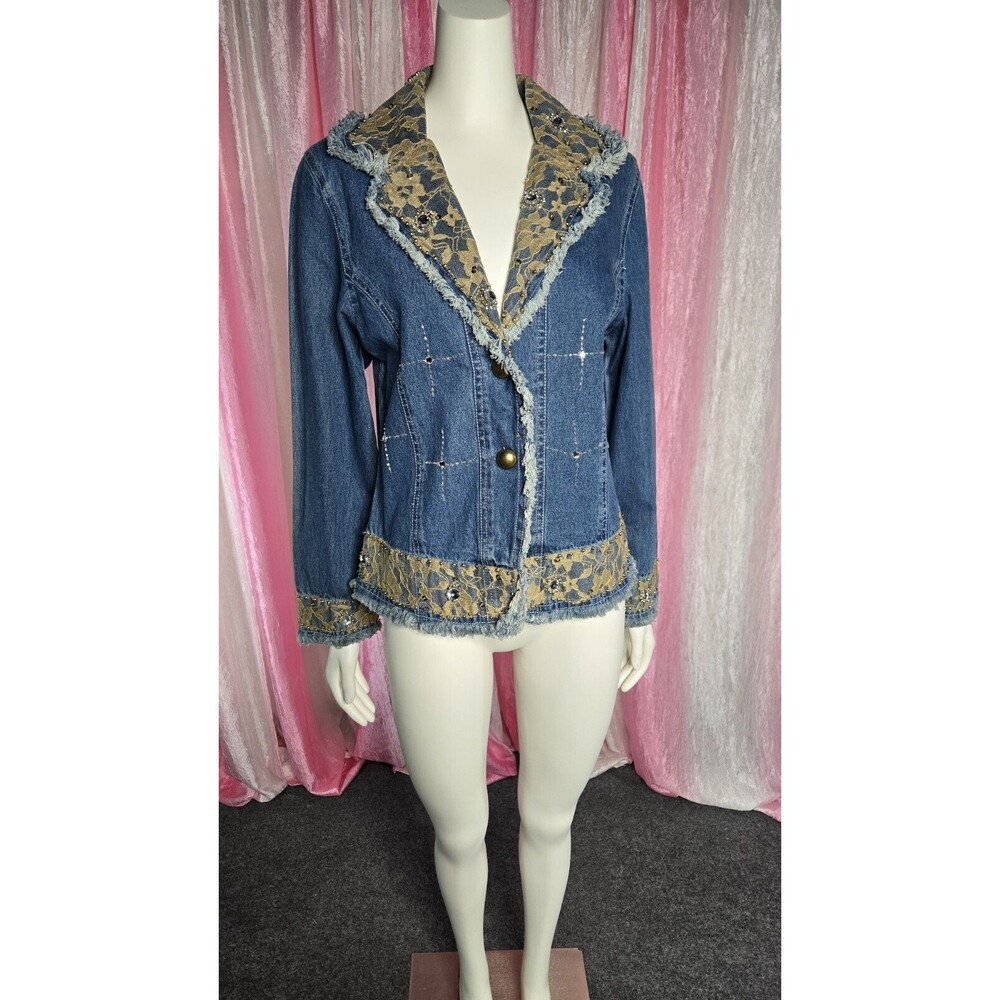 Step In Style Y2K Unique Denim Lace Studded  Rhinestone Jean Jacket Size Large - Picture 3 of 16
